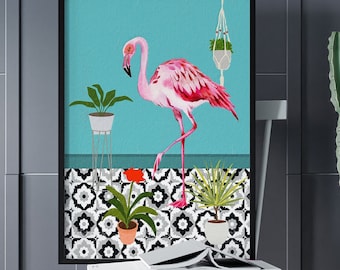 Flamingo wall art, boho bathroom print, flamingo painting, tropical prints, tropical bathroom art, flamingo and plant print, flamingo print