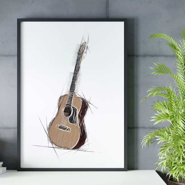 accoustic guitar wall art, guitar print. accoustic guitar poster print, gift for guitar player, guitar drawing, gift for music lover
