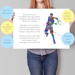 tennis gift prints, personalised tennis player, custom tennis prints, mens tennis print, gift for tennis player, tennis player gifts