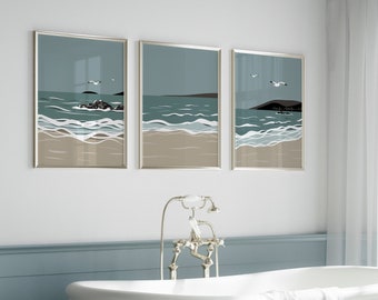 Ocean set of prints, bathroom set of prints, ocean art, ocean prints, set of bathroom prints, blue ocean art, bathroom wall art,ocean poster