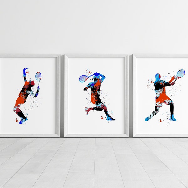 Men's tennis prints, tennis wall art, men's tennis art, set of men's tennis prints, men's  tennis player , tennis watercolour prints,