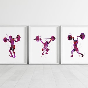 watercolour weightlifting set, womens&#39;s weightlifting prints, weightlifter wall art,  weightlifter gift print,sporting art print, sports art