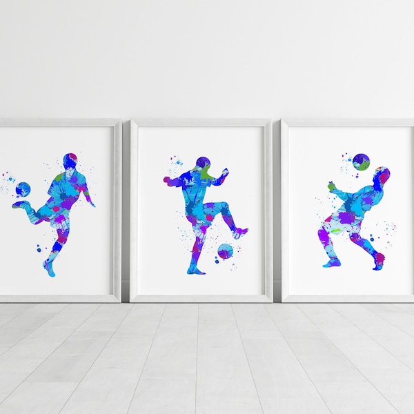 watercolour football set, watercolor football prints, set of footballers, watercolor soccer prints, set of 3 footballers , football wall art