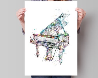 Puede incluir: Una colorida impresión en acuarela de un piano de cola. La obra de arte presenta un contorno detallado lleno de vibrantes salpicaduras de azul, verde, rojo y amarillo. Las teclas y la estructura del piano están claramente definidas, creando un tema musical.