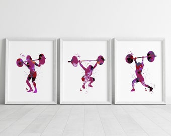 conjunto de levantamiento de pesas de acuarela, impresiones de levantamiento de pesas para mujeres, arte de pared de levantador de pesas, impresión de regalo de levantador de pesas, impresión de arte deportivo, arte deportivo