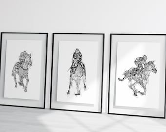 horse racing print, horse racing art, horse racing gifts, horse racing fan, set of horse prints, horse racing gift set, horse racer print