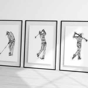 Mens golf sketches, golfer sketch prints, golfer wall art, golfing gift print, golfer gift set, golfing prints, golfing sketch, golf drawing