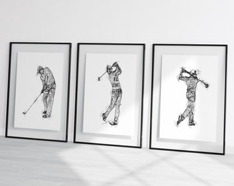 Mens golf sketches, golfer sketch prints, golfer wall art, golfing gift print, golfer gift set, golfing prints, golfing sketch, golf drawing