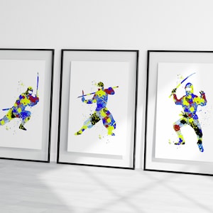 watercolour ninja set, ninja prints, set of ninja prints, 3 ninjas wall art,  set of 3 ninja  prints, watercolour ninjas ,kids ninja art