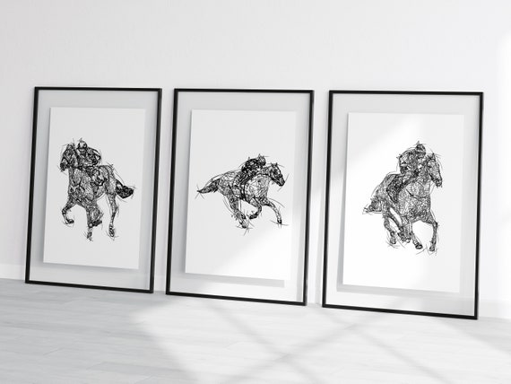 horse racing sketch, horse racing art, horse racing wall art, horse racing print set, horse racing prints, set of horses, horse sketches
