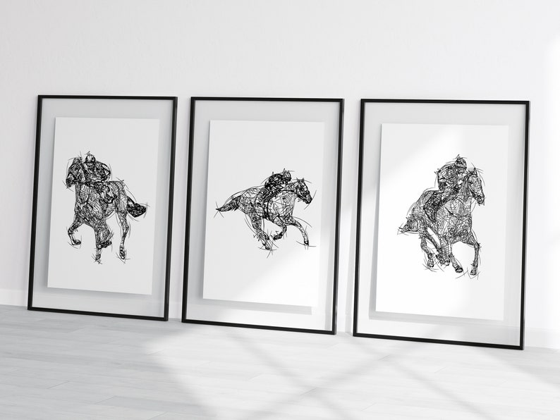 May include: Three framed art prints featuring black and white line drawings of racehorses with jockeys. The artwork depicts the horses in motion, with a focus on the dynamic energy of the sport. The frames are black.