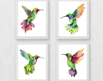 Set kolibries, kolibrie prints, kolibrie poster prints, aquarel kolibrie set, kolibrie set van 4, aquarel vogel set