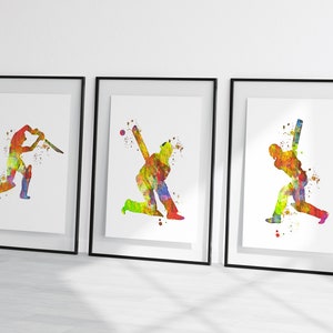 watercolour cricket set, men&#39;s cricket  prints, set of cricket prints, cricket wall art, prints, set of 3 cricket prints, batsman art print