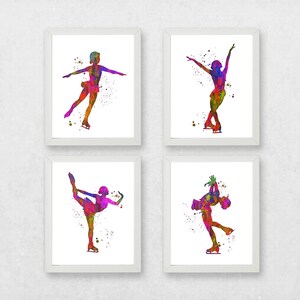 SET OF 4 ice skating prints, prints for ice skater ice skating gifts, ice skating watercolour, ice skating watercolor, smear