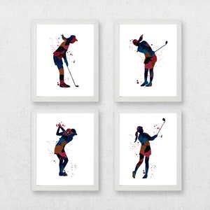 women&#39;s golf prints, lady golf prints, set fo golf prints, golfer gifts, golfing gift prints, watercolour golfers, female golf print,