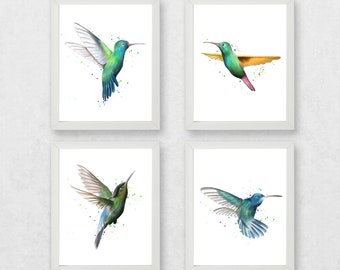 Set kolibries, kolibrie prints, kolibrie poster prints, aquarel kolibrie set, kolibrie set van 4, aquarel vogel set