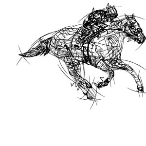 May include: A black and white line drawing of a horse and jockey in motion. The artwork depicts a racehorse with a rider, both rendered in a dynamic, scribbled style, suggesting speed and movement. The background is plain white.
