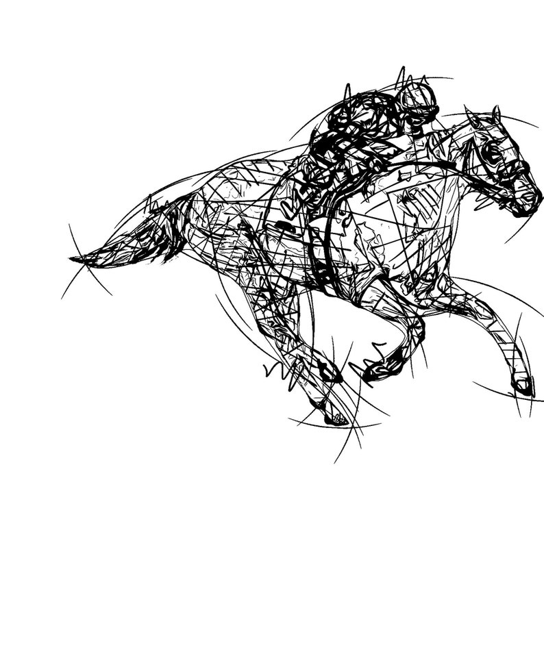 May include: A black and white line drawing of a horse and jockey in motion. The artwork depicts a racehorse with a rider, both rendered in a dynamic, scribbled style, suggesting speed and movement. The background is plain white.
