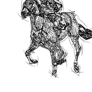 May include: A black and white line drawing of a horse and jockey in motion. The artwork depicts the horse and rider with a series of scribbled lines, creating a sense of speed and energy. The horse is in full stride, with the jockey in a racing helmet.