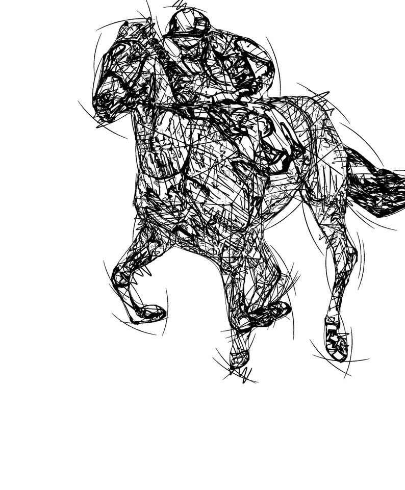 May include: A black and white line drawing of a horse and jockey in motion. The artwork depicts the horse and rider with a series of scribbled lines, creating a sense of speed and energy. The horse is in full stride, with the jockey in a racing helmet.