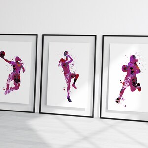 watercolour basketball set, women&#39;s basketball prints, set of basketball prints, ladies basketball art, prints, set of 3 basketballers