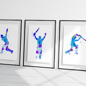watercolour cricket set, men&#39;s cricket  prints, set of cricket prints, cricket wall art, prints, set of 3 cricket prints, batsman art print