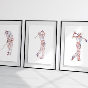 golf sketch prints, golfing set of prints, gift for golfers, golf sketches, golfing wall art, golfing poster prints, golf drawing , golfer