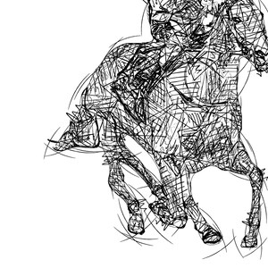May include: A black and white line drawing of a horse and jockey in motion. The artwork depicts the horse and rider with a series of intersecting lines, creating a dynamic and energetic image. The background is plain white.