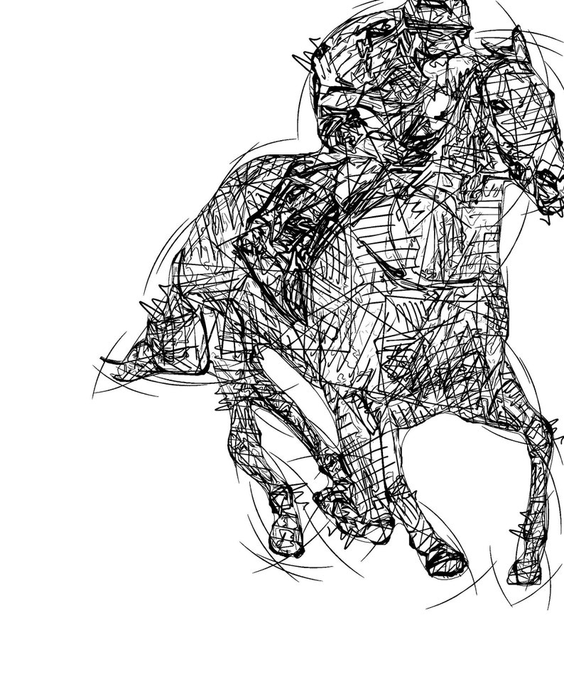 May include: A black and white line drawing of a horse and jockey in motion. The artwork depicts the horse and rider with a series of intersecting lines, creating a dynamic and energetic image. The background is plain white.
