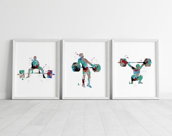 conjunto de levantamiento de pesas de acuarela, impresiones de levantamiento de pesas, arte de pared de levantador de pesas, impresión de entrenamiento con pesas, impresión de regalo de levantador de pesas, impresión de arte deportivo
