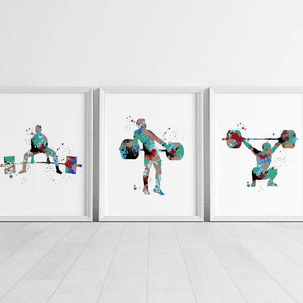 watercolour weightlifting set, weightlifting prints, weightlifter wall art,weight training print, weightlifter gift print,sporting art print