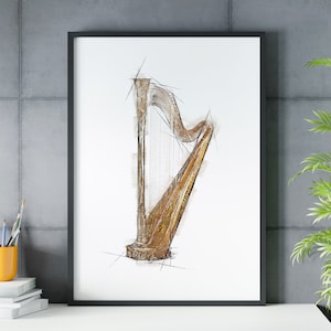 Harp player gift, harp musical instrument , harp wall art, harp poster , harp prints, gift for harp player, music room wall art, music room