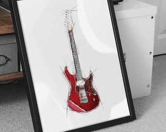 electric guitar print, red electric guitar wall art, guitar poster, gift for guitarist, music room gift prints,music room art, music art