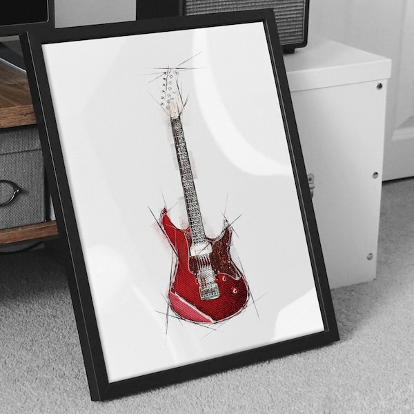 electric guitar print, red electric guitar wall art, guitar poster, gift for guitarist, music room gift prints,music room art, music art