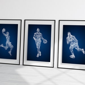 baskketball sketch prints, basketball poster set, basketball wall art, basketball player prints, personalised basketball prints,