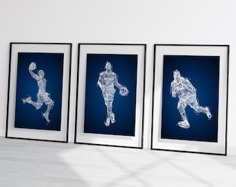 baskketball sketch prints, basketball poster set, basketball wall art, basketball player prints, personalised basketball prints,