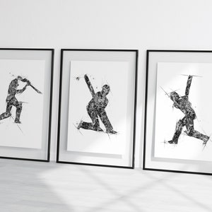 watercolour cricket set, men&#39;s cricket  prints, set of cricket prints, cricket wall art, prints, set of 3 cricket prints, batsman art print