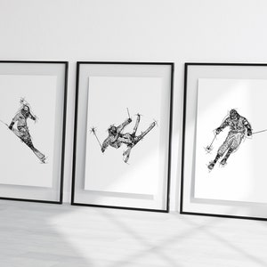 Ensemble de croquis de ski, tirages de ski, art mural de ski, tirages de cadeau de skieur, cadeau pour skieur, tirages de cadeau de ski, art abstrait de mur de skieur