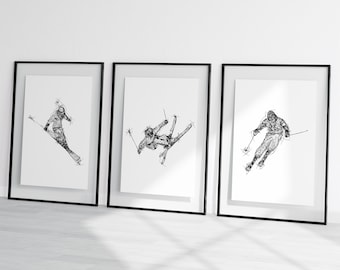 Skiing sketch  set, Skiing prints, Skiing  wall art, Skiier gift prints , gift for Skiier, Skiing  gift prints, abstract Skier wall art