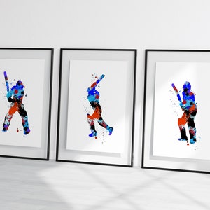 watercolour cricket set, men&#39;s cricket  prints, set of cricket prints, cricket wall art, prints, set of 3 cricket prints, batsman art print