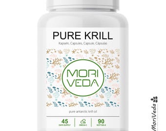 Cápsulas de óleo de krill PURO | Krill antártico | Ômega-3-6 puro com EPA, DHA | Astaxantina e colina | Fosfolipídios | MoriVeda 90 cápsulas gelatinosas