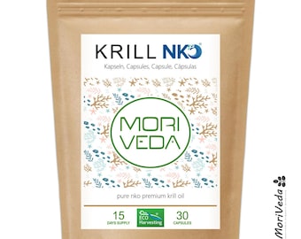 Cápsulas de óleo de krill NKO | Ômega-3, 6, 9 com EPA, DHA, vitamina E e colina, astaxantina | Krill antártico | MoriVeda 30 ou 90 cápsulas gelatinosas