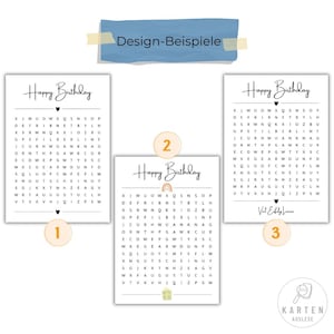May include: Three white cards with the words "Happy Birthday" in elegant script. Each card features a word search puzzle. The top of the image has the text "Design-Beispiele" on a blue banner.