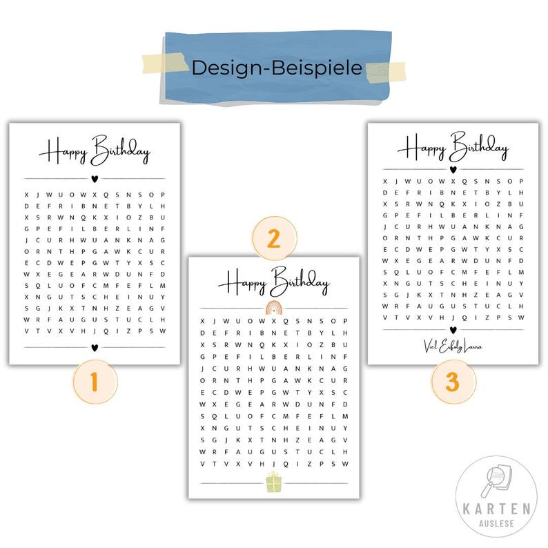 May include: Three white cards with the words "Happy Birthday" in elegant script. Each card features a word search puzzle. The top of the image has the text "Design-Beispiele" on a blue banner.