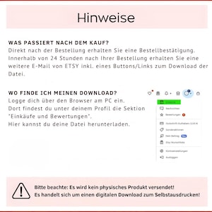 May include: A white document with German text and a red border. The text provides instructions on how to download a digital file after purchase, including where to find it on Etsy. An exclamation point is in a warning triangle.