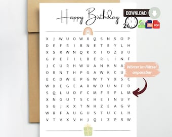 Birthday card with crossword puzzle as a creative voucher and special gift | Download DIN A4 or DIN A6