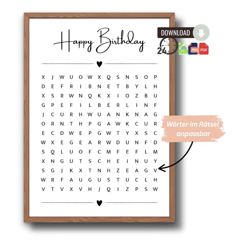 May include: A framed print with a wooden frame features a black and white word search puzzle with the words "Happy Birthday" at the top. The print includes a download icon and the text "W&ouml;rter im R&auml;tsel anpassbar".