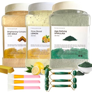 Jelly Face Mask VogueNow 3 Flavors Moisturizing Hydro Jelly Face Mask Spa Gift Box 3 Free Jade Rollers & 3 Spatulas Vajacial 2040g 24KGold+Lemon+Spir