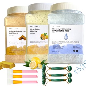 Jelly Face Mask VogueNow 3 Flavors Moisturizing Hydro Jelly Face Mask Spa Gift Box 3 Free Jade Rollers & 3 Spatulas Vajacial 2040g 24KGold+HA+Lemon