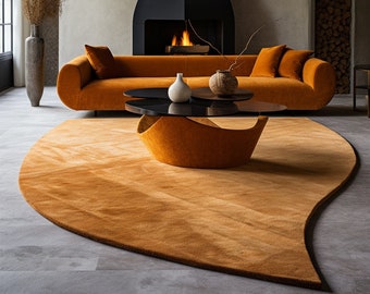 Modern Abstract Irregular Shape Golden Premium Woolen Hand Tufted Area Rug Handmade For Living, Dining, Kids, Bedroom And Home